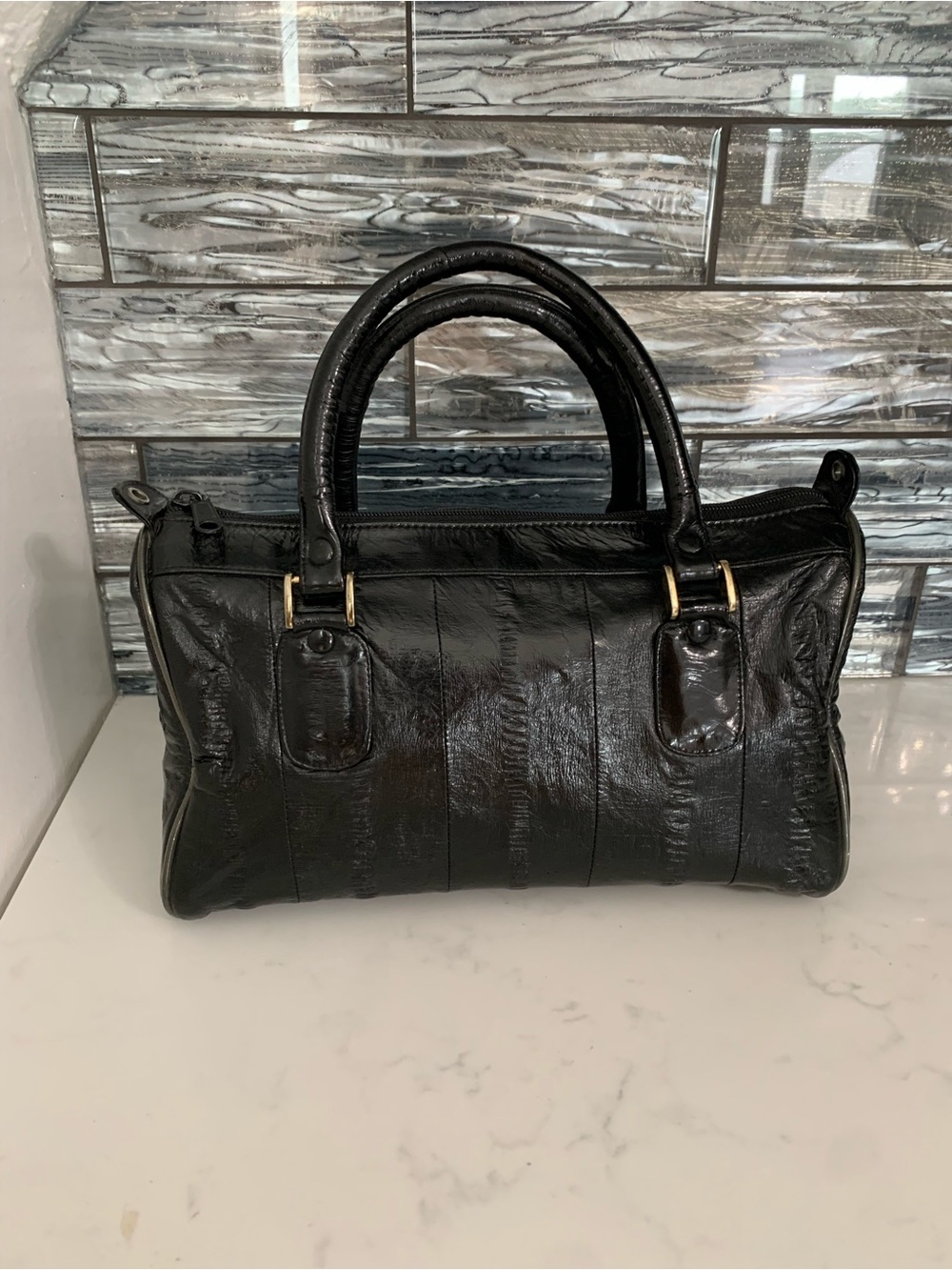 Vintage Eel Skin Black Top Handle Satchel Handbag Made in Korea
